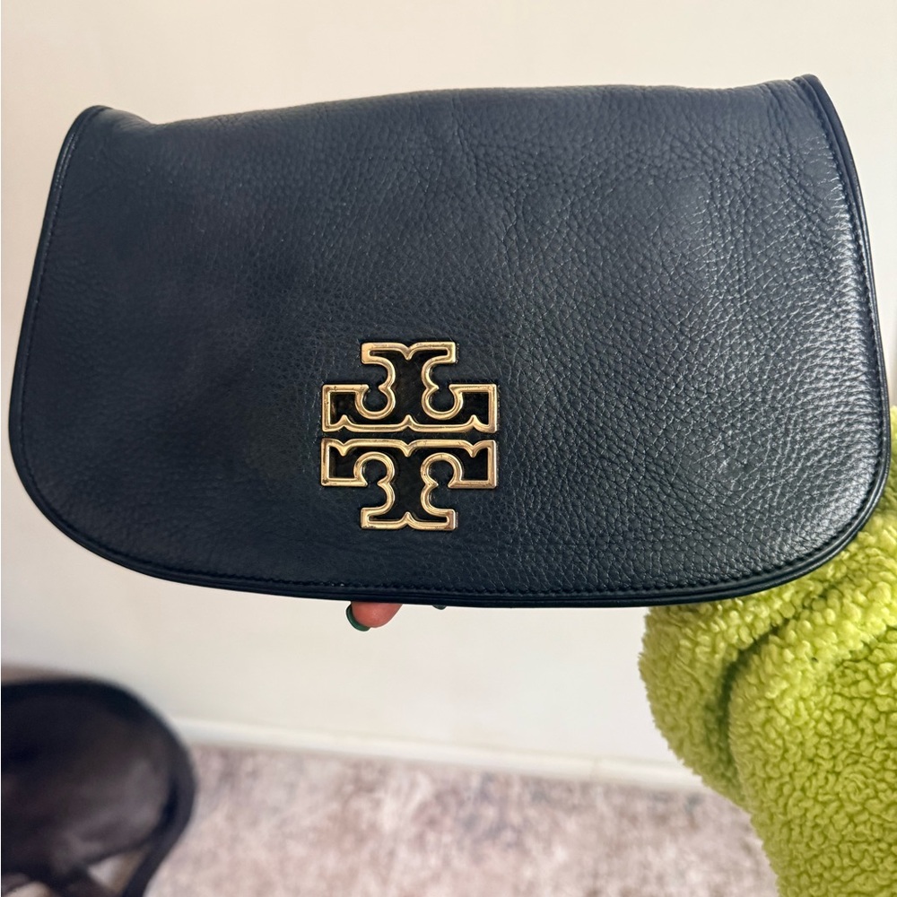 Tory Burch Navy Pebbled Leather Crossbody with Gold Logo
